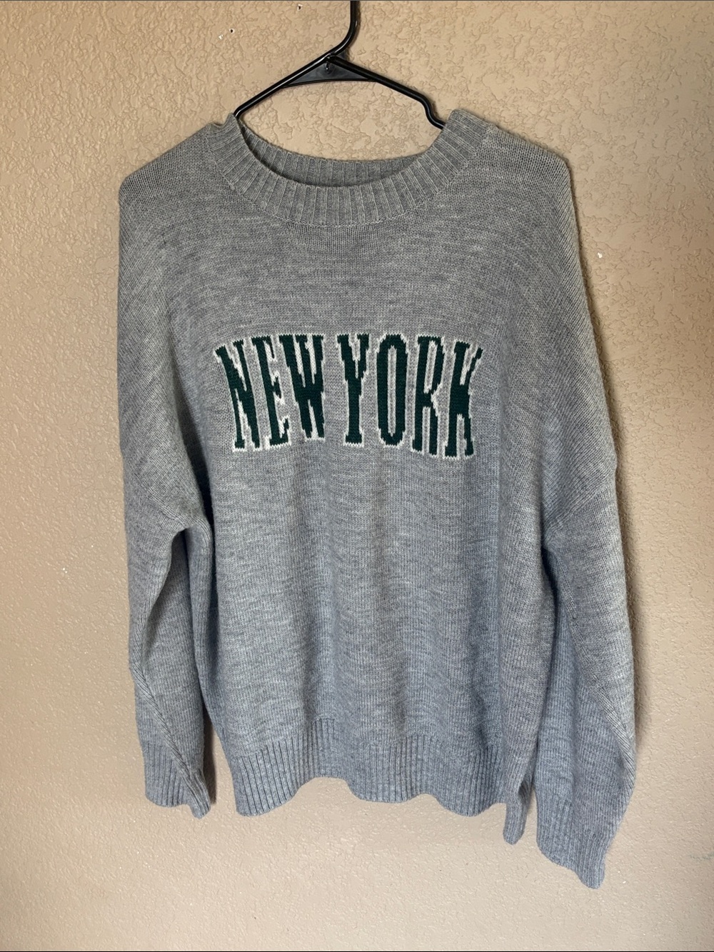 Le Lis Gray Crewneck Sweater with Green 'NEW YORK' Applique